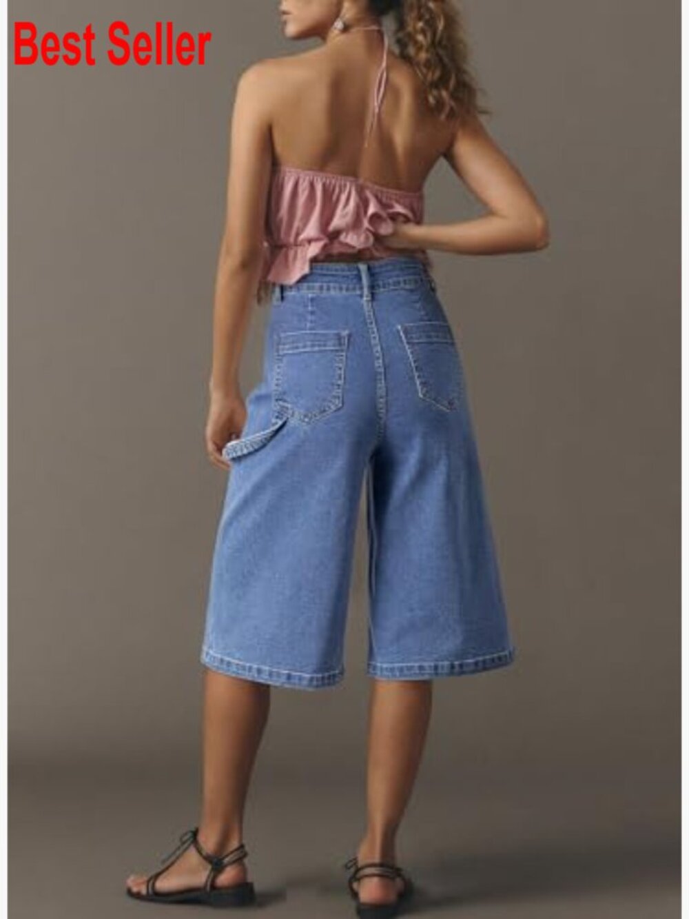 High Waisted Stretch Wide Leg Cargo Denim Shorts Below Knee Length - Picture 4 of 6